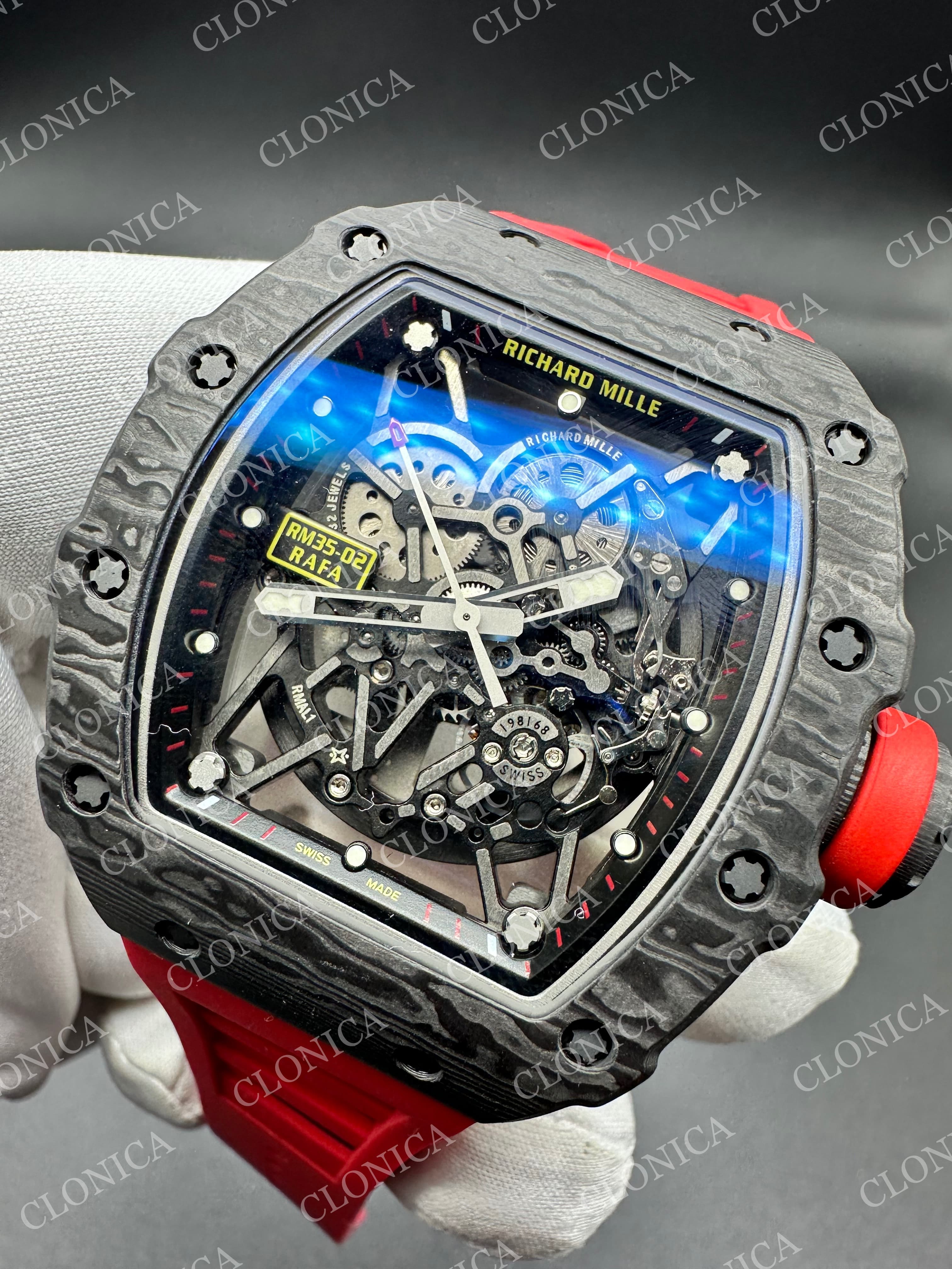RM035-02 BLACK NTPT RED CROWN SKELETON DIAL ON RED RUBBER STRAP RMAL1 SUPER CLONE — view 2