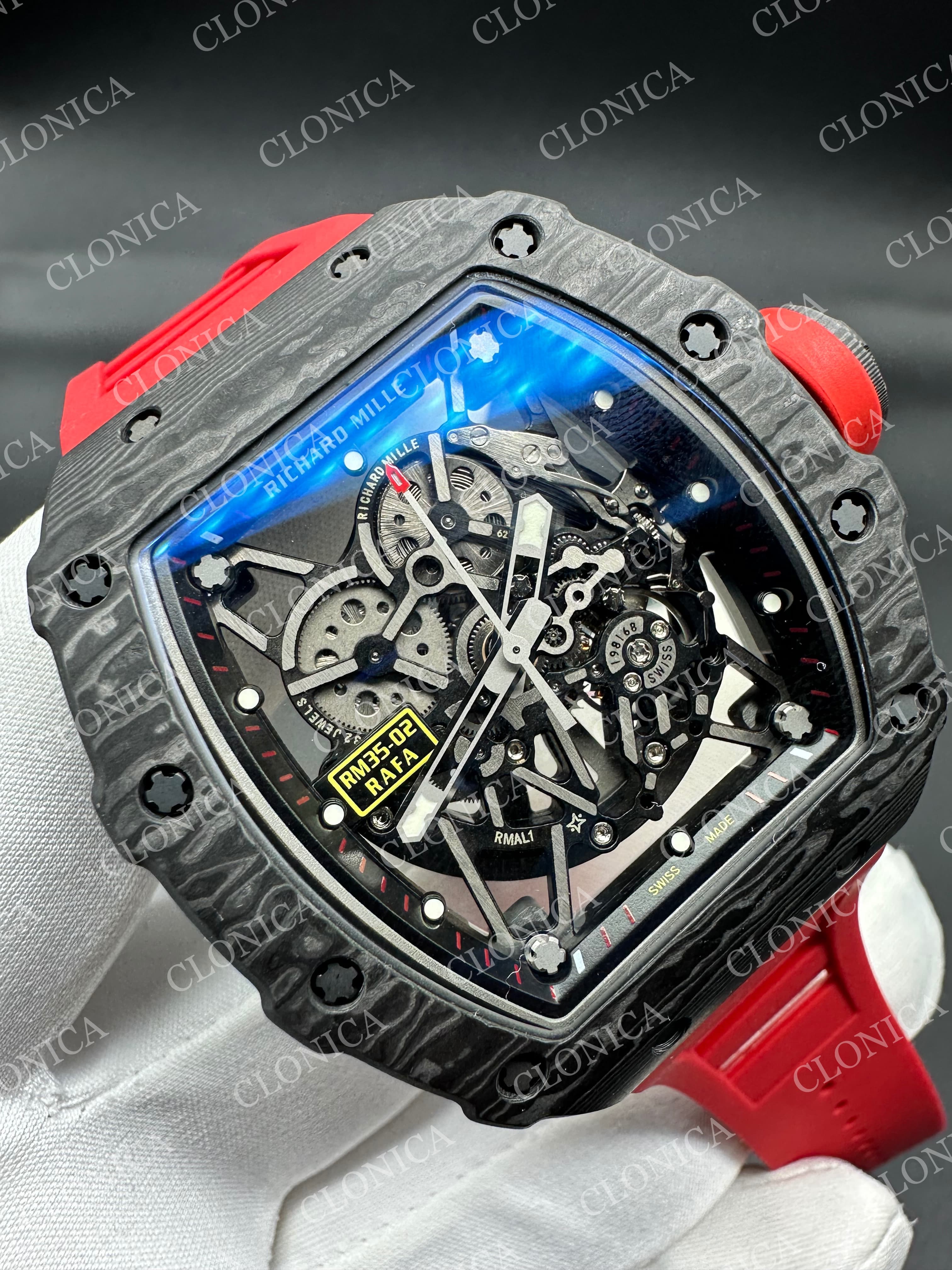 RM035-02 BLACK NTPT RED CROWN SKELETON DIAL ON RED RUBBER STRAP RMAL1 SUPER CLONE — view 3