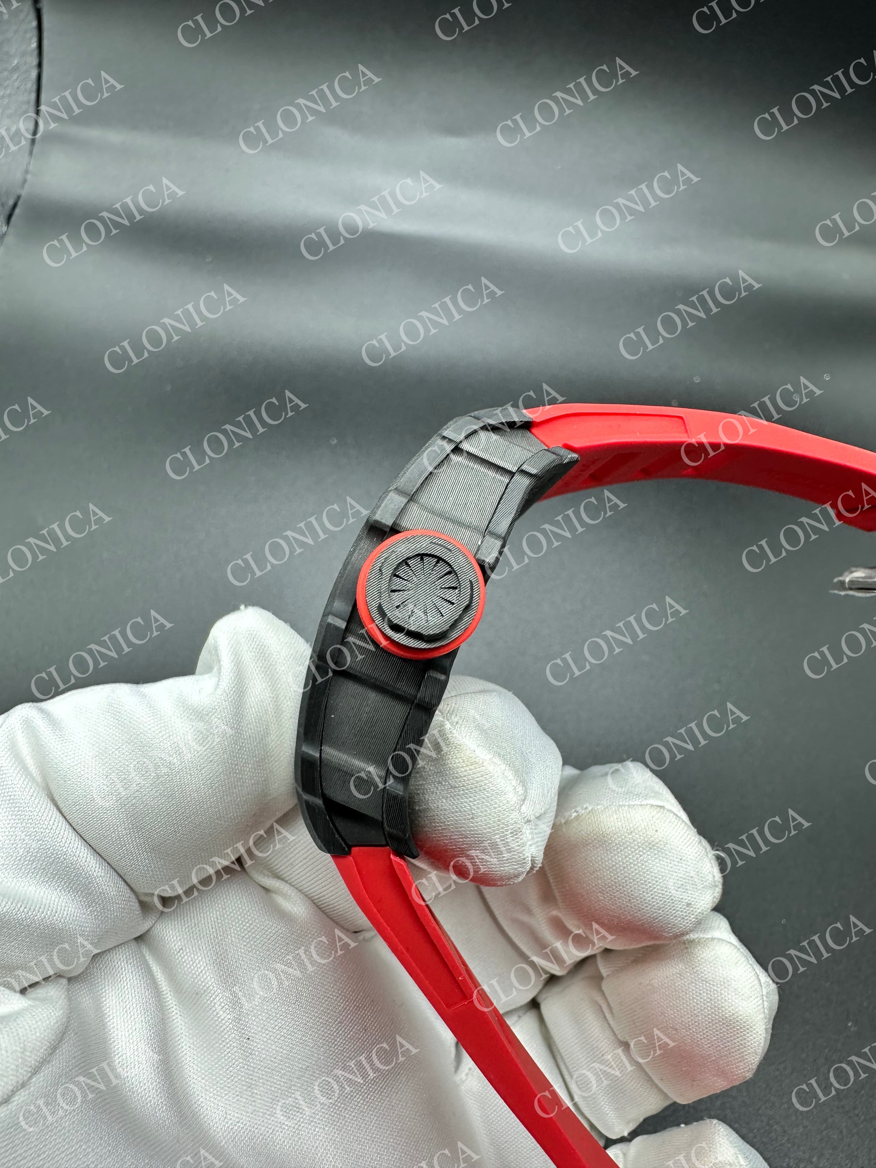 RM035-02 BLACK NTPT RED CROWN SKELETON DIAL ON RED RUBBER STRAP RMAL1 SUPER CLONE — view 5