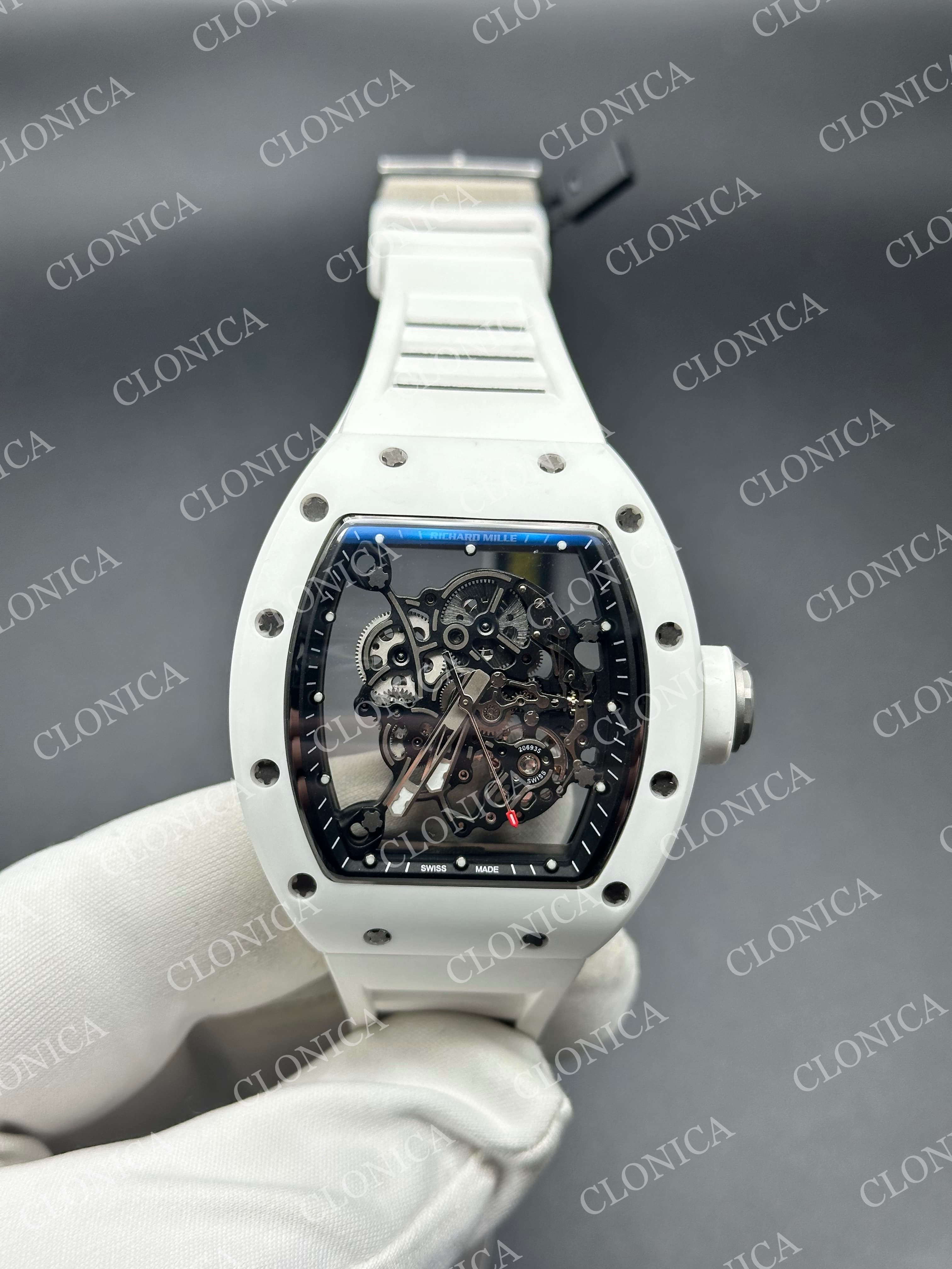 RM055 WHITE CERAMIC BLACK INNER BEZEL ON WHITE RUBBER STRAP RMUL2 — view 1