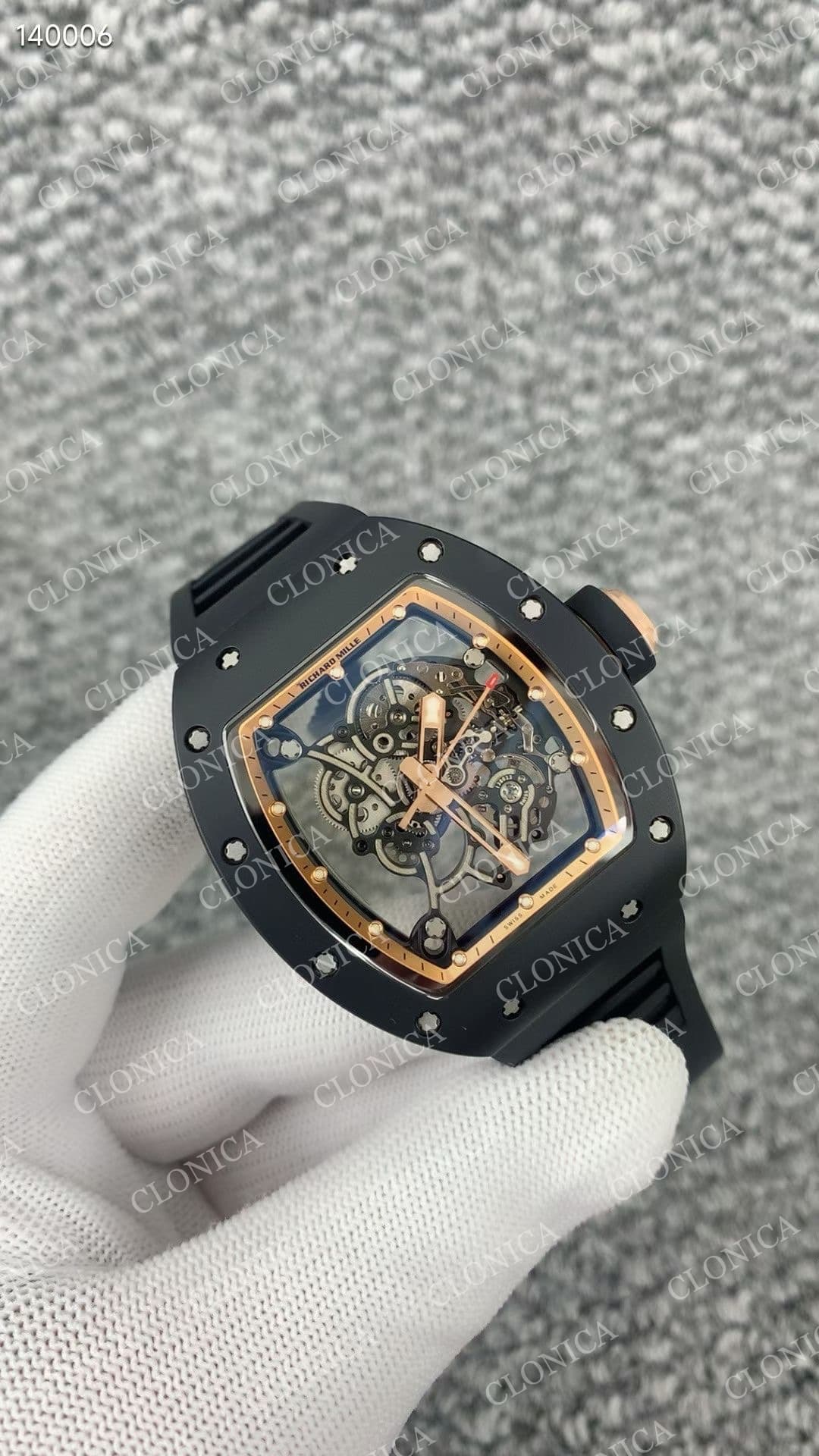 RM055 BLACK CERAMIC ROSE GOLD INNER BEZEL ON BLACK RUBBER STRAP RMUL2 — view 1