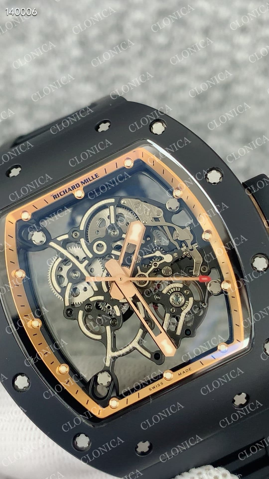 RM055 BLACK CERAMIC ROSE GOLD INNER BEZEL ON BLACK RUBBER STRAP RMUL2 — view 3