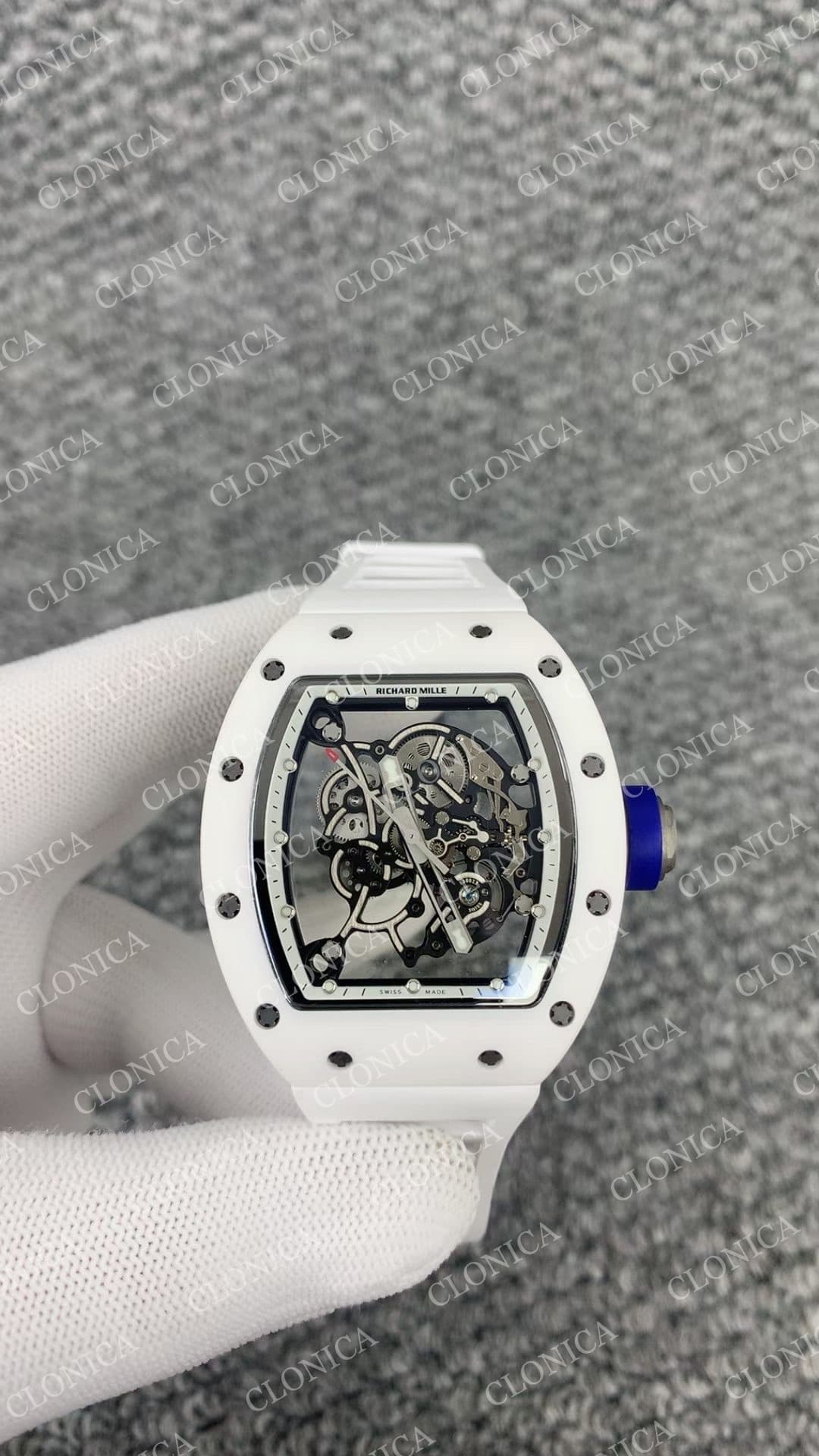 RM055 WHITE CERAMIC BLACK INNER BEZEL ON WHITE RUBBER STRAP RMUL2 WHITE — view 1