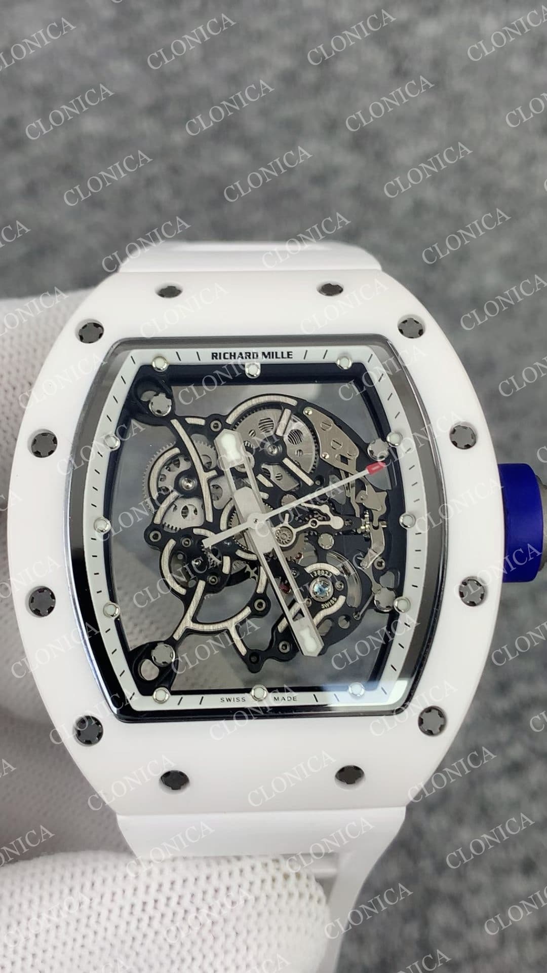 RM055 WHITE CERAMIC BLACK INNER BEZEL ON WHITE RUBBER STRAP RMUL2 WHITE — view 3