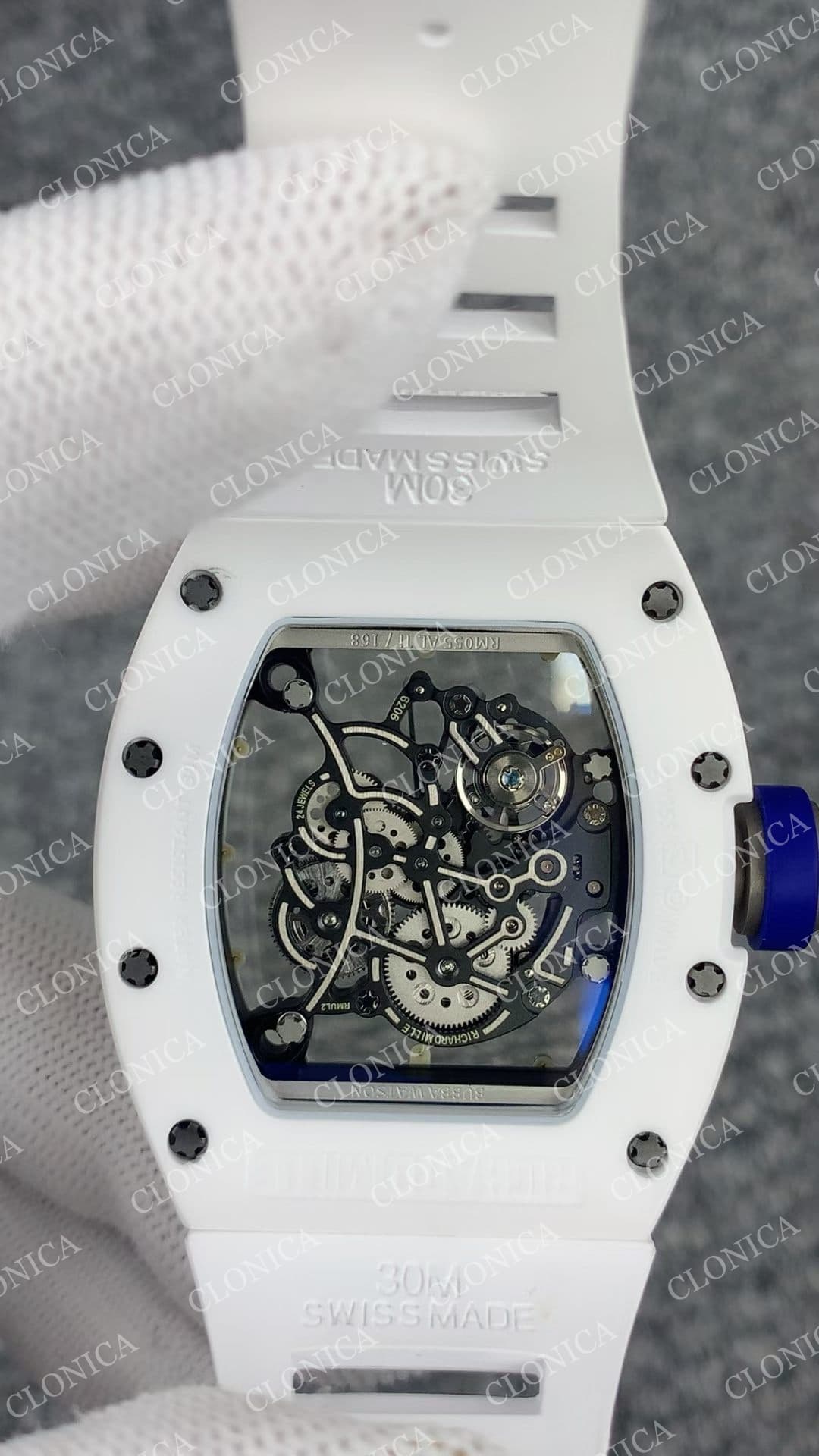 RM055 WHITE CERAMIC BLACK INNER BEZEL ON WHITE RUBBER STRAP RMUL2 WHITE — view 7