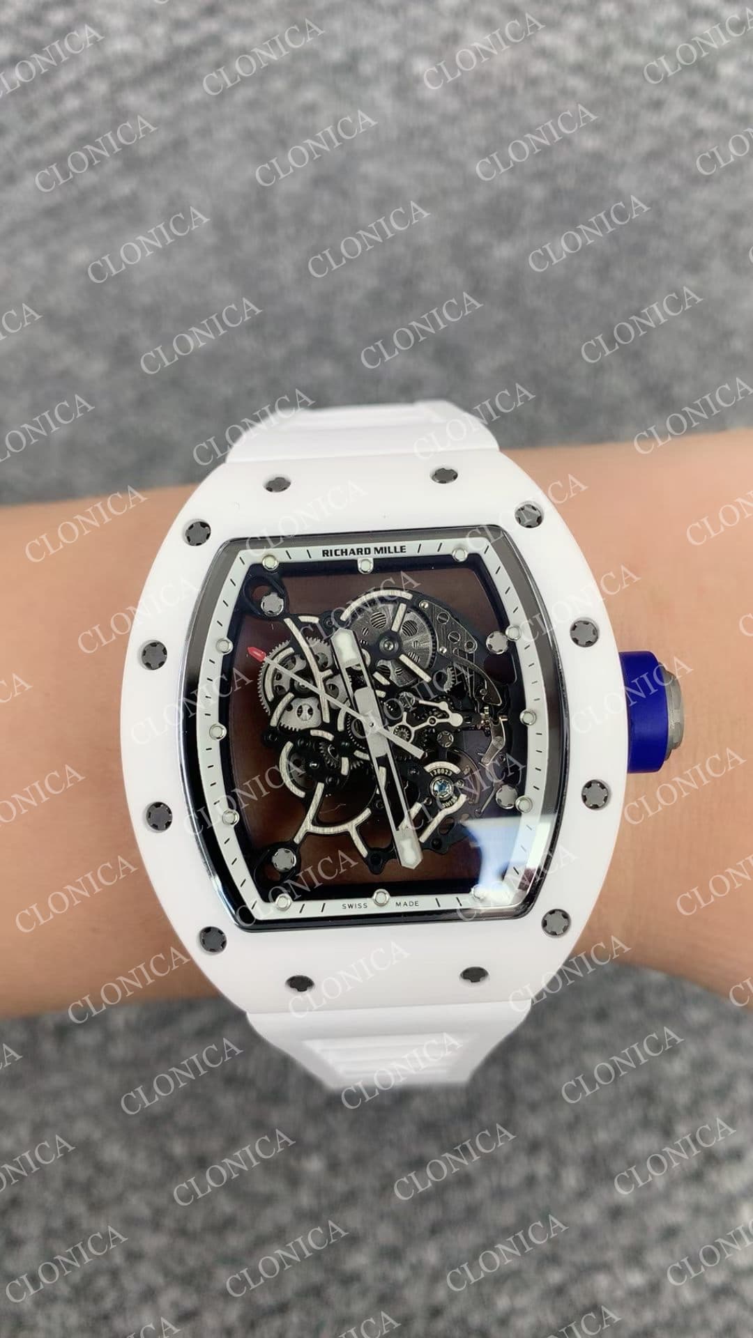 RM055 WHITE CERAMIC BLACK INNER BEZEL ON WHITE RUBBER STRAP RMUL2 WHITE — view 9