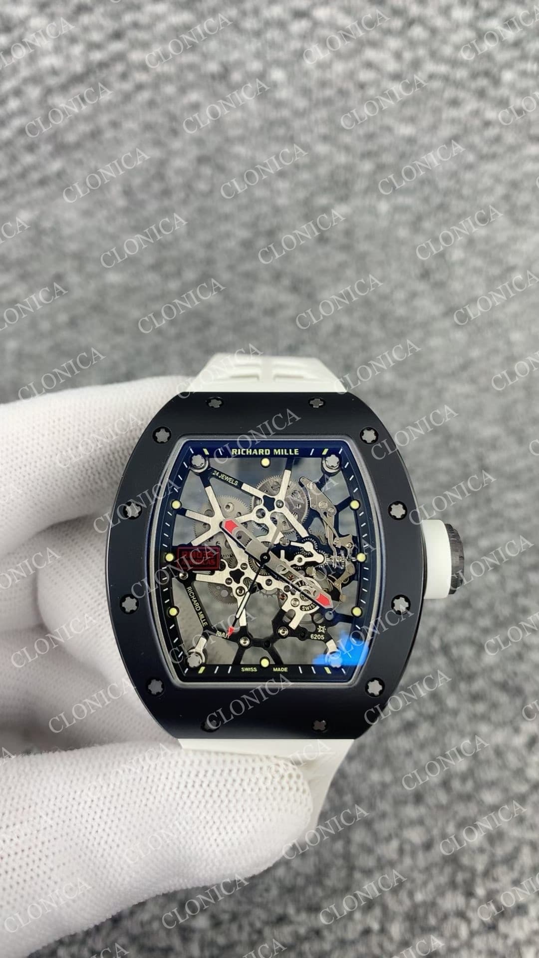 RM035 BLACK CERAMIC BLACK INNER BEZEL ON WHITE RUBBER STRAP RMUL1 — view 1