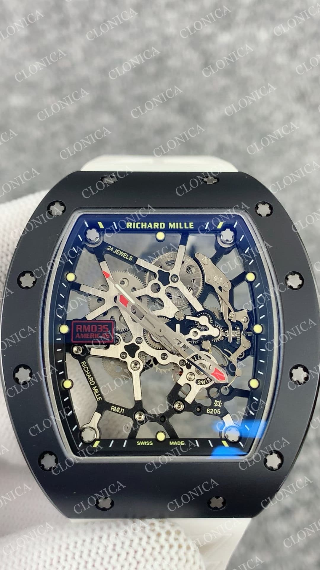RM035 BLACK CERAMIC BLACK INNER BEZEL ON WHITE RUBBER STRAP RMUL1 — view 3