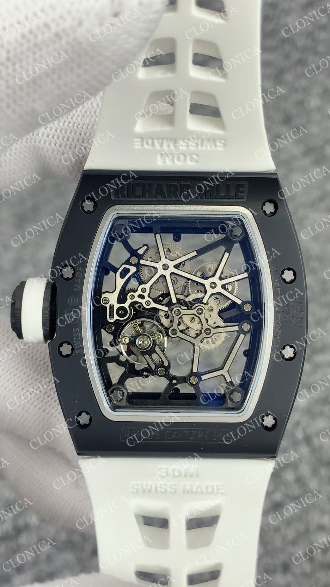 RM035 BLACK CERAMIC BLACK INNER BEZEL ON WHITE RUBBER STRAP RMUL1 — view 7