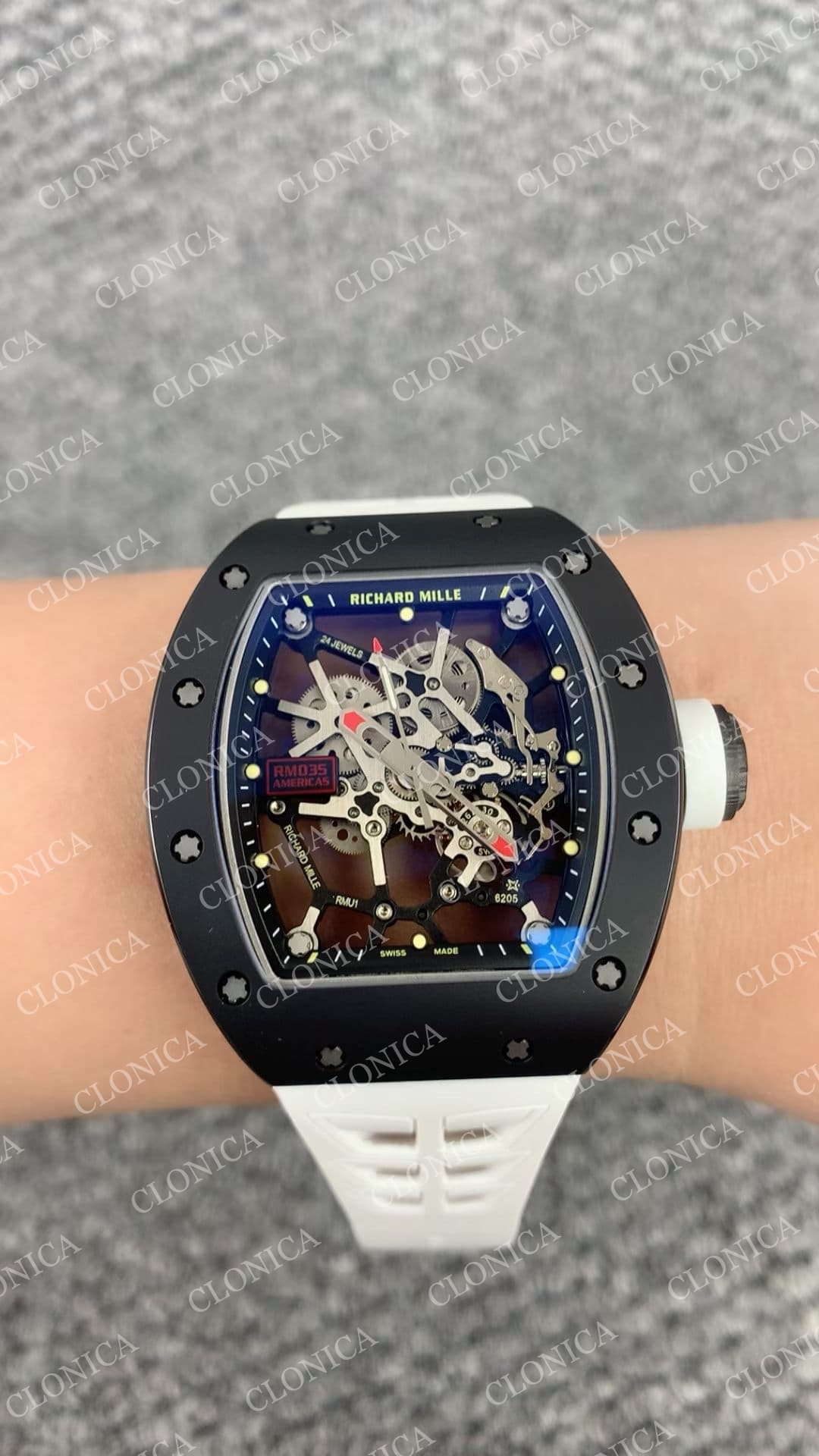RM035 BLACK CERAMIC BLACK INNER BEZEL ON WHITE RUBBER STRAP RMUL1 — view 9