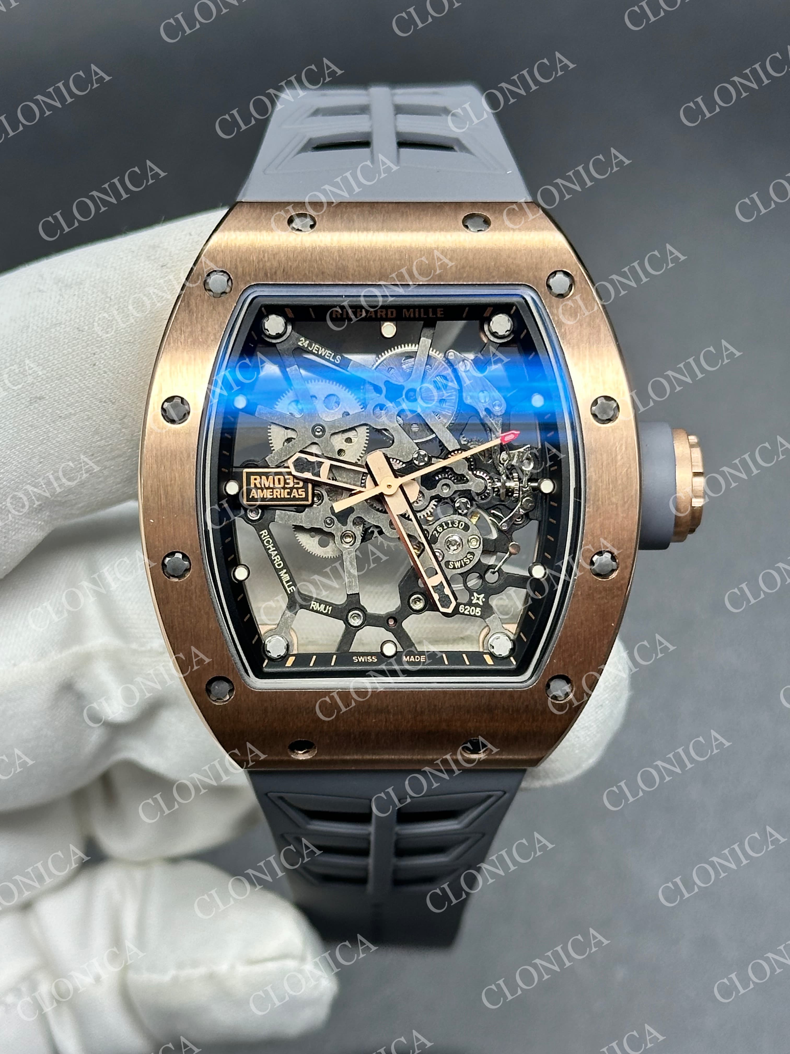 RM035 AMERICAS MANUAL RG 1:1 SKELETON DIAL ON GREY RUBBER STRAP SUPER CLONE RMUL1 — view 1