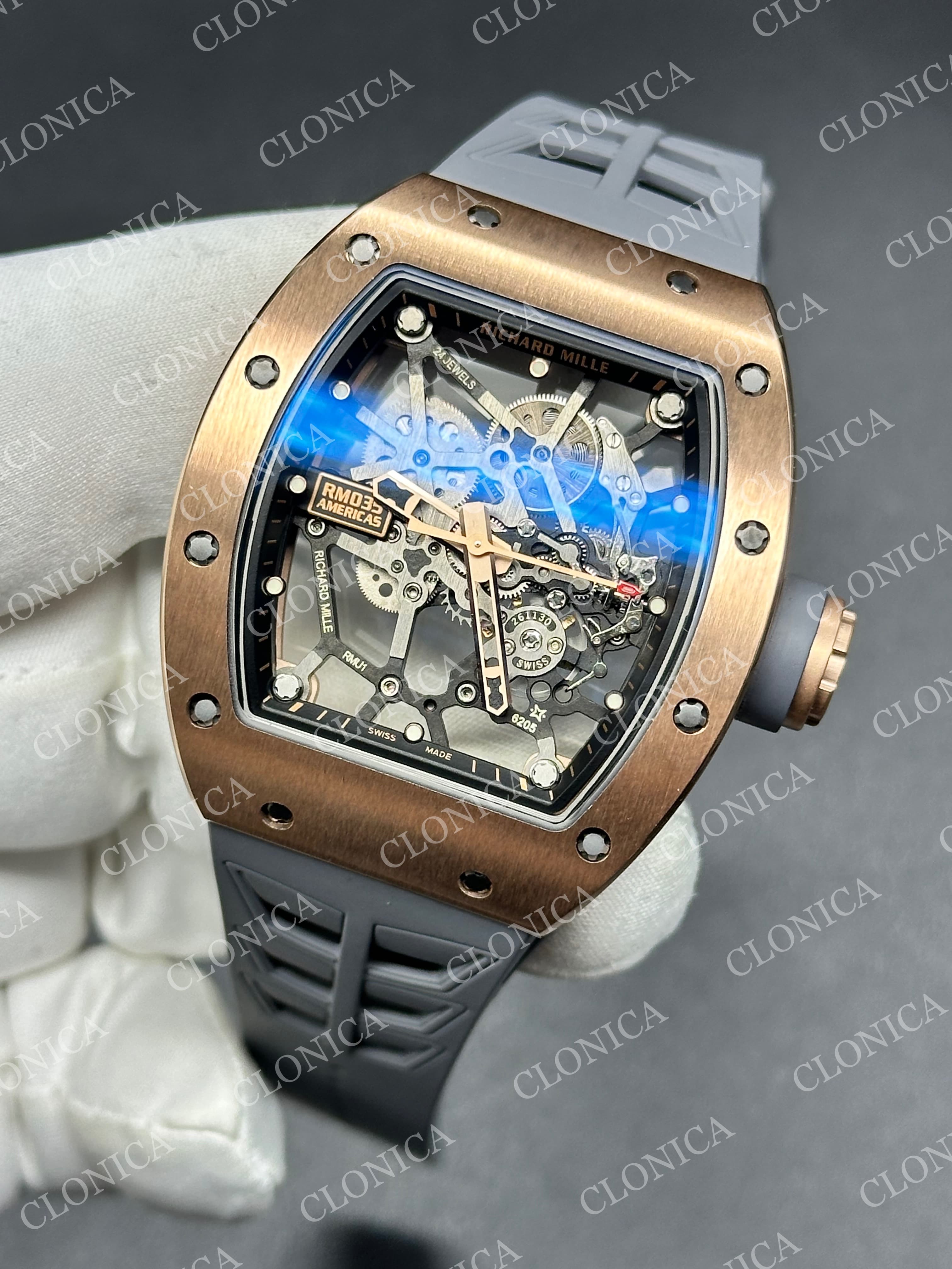 RM035 AMERICAS MANUAL RG 1:1 SKELETON DIAL ON GREY RUBBER STRAP SUPER CLONE RMUL1 — view 2