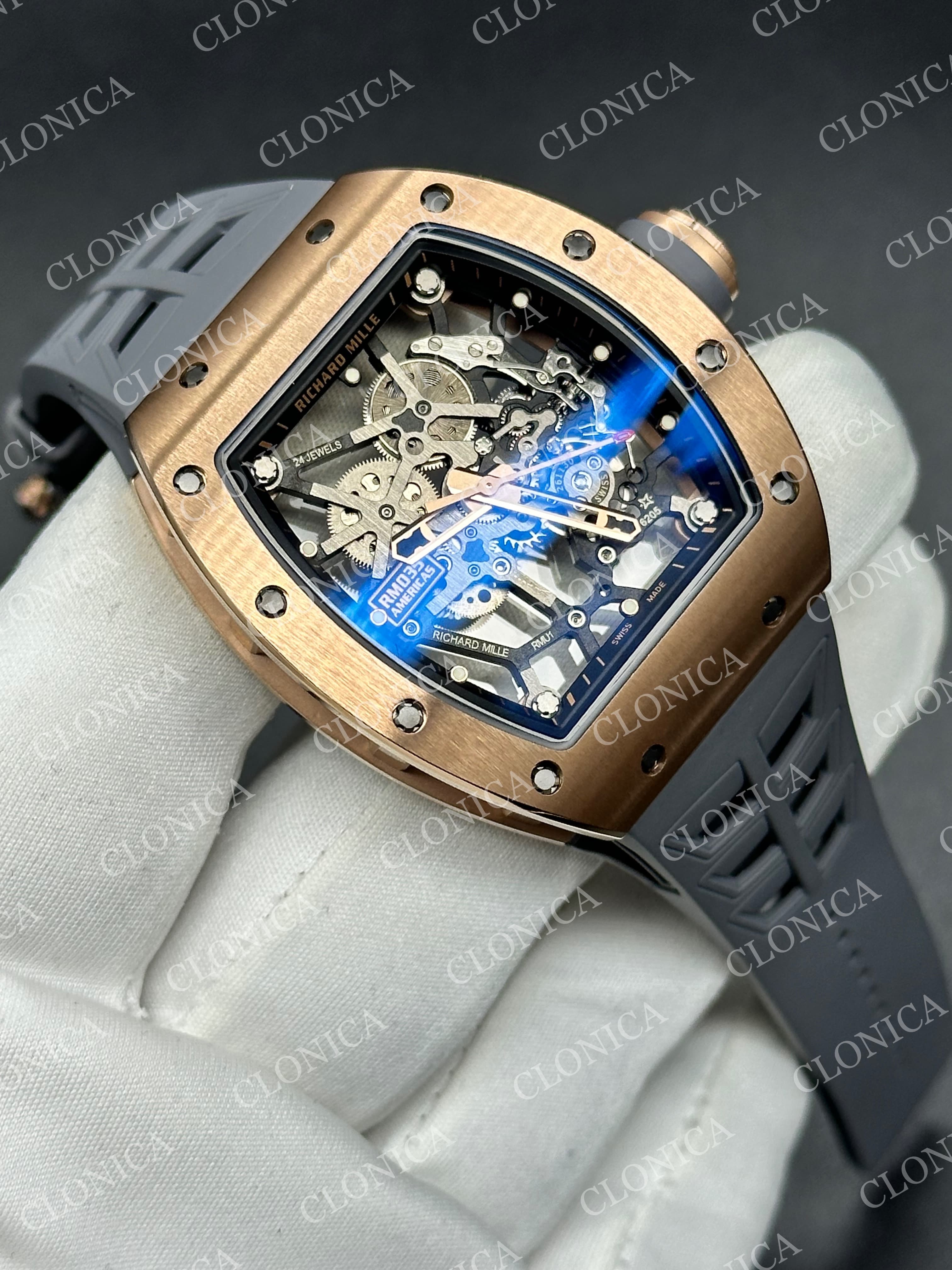 RM035 AMERICAS MANUAL RG 1:1 SKELETON DIAL ON GREY RUBBER STRAP SUPER CLONE RMUL1 — view 3