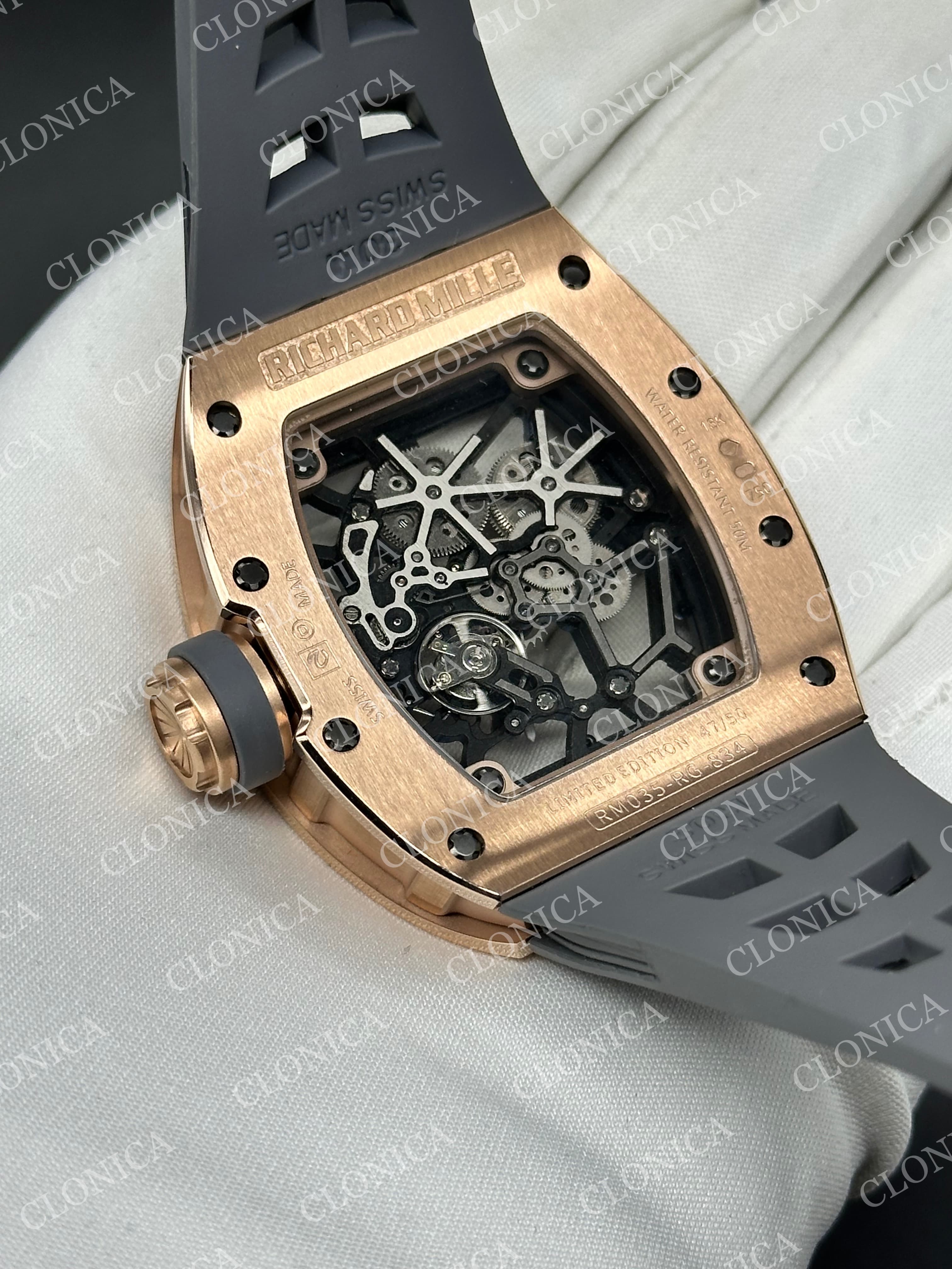 RM035 AMERICAS MANUAL RG 1:1 SKELETON DIAL ON GREY RUBBER STRAP SUPER CLONE RMUL1 — view 5
