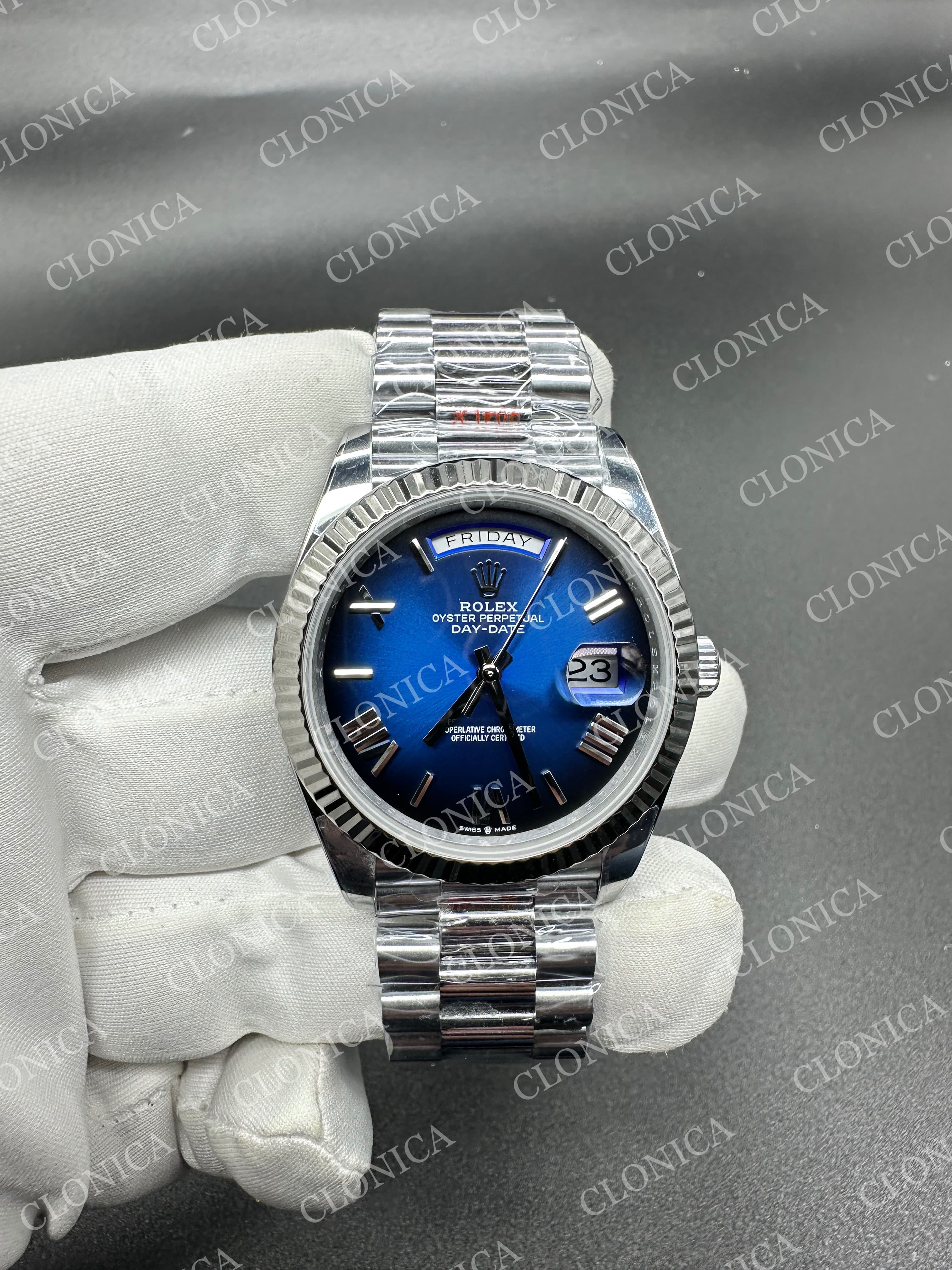 DAY DATE 228239 40MM GAIN WEIGHT BLUE OMBRE DIAL ROMAN MARKER ON WG PRESIDENT BRACELET — view 1