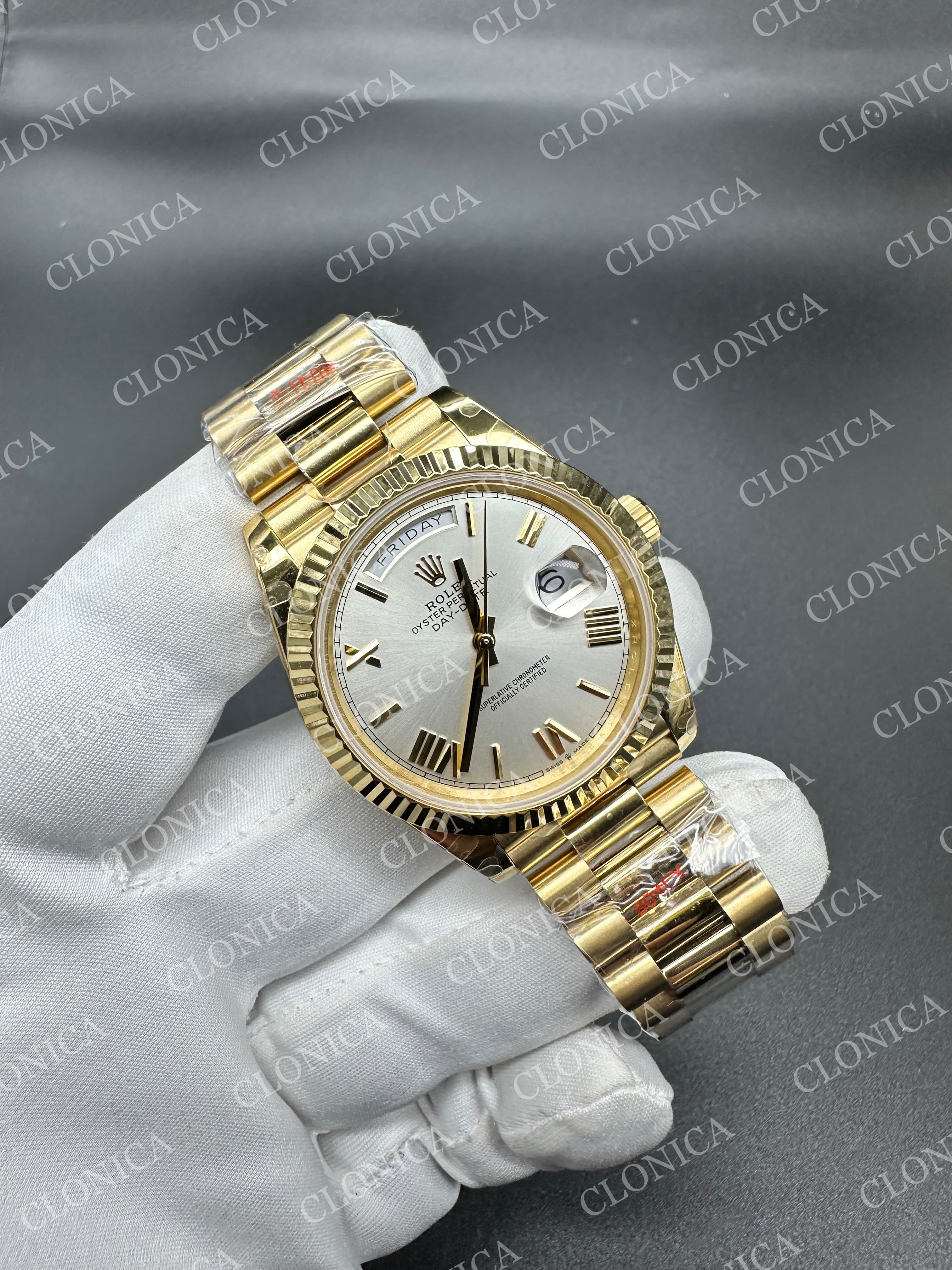 DAY DATE 228238 40MM GAIN WEIGHT SILVER DIAL ROMAN MARKER ON YG PRESIDENT BRACELET — view 2