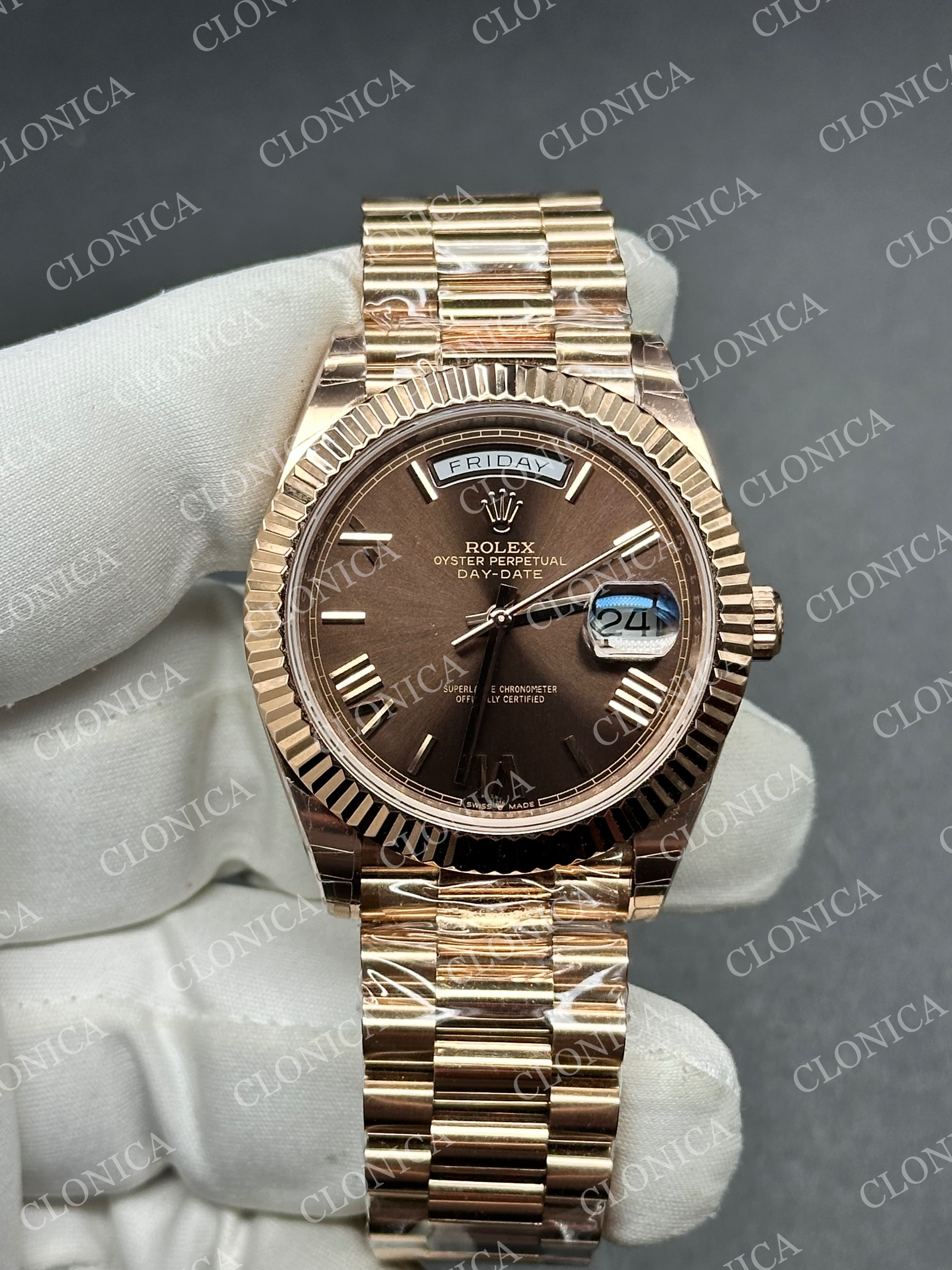 DAY DATE 128235 GAIN WEIGHT RG BROWN DIAL ROMAN MARKERS ON RG PRESIDENT BRACELET — view 1