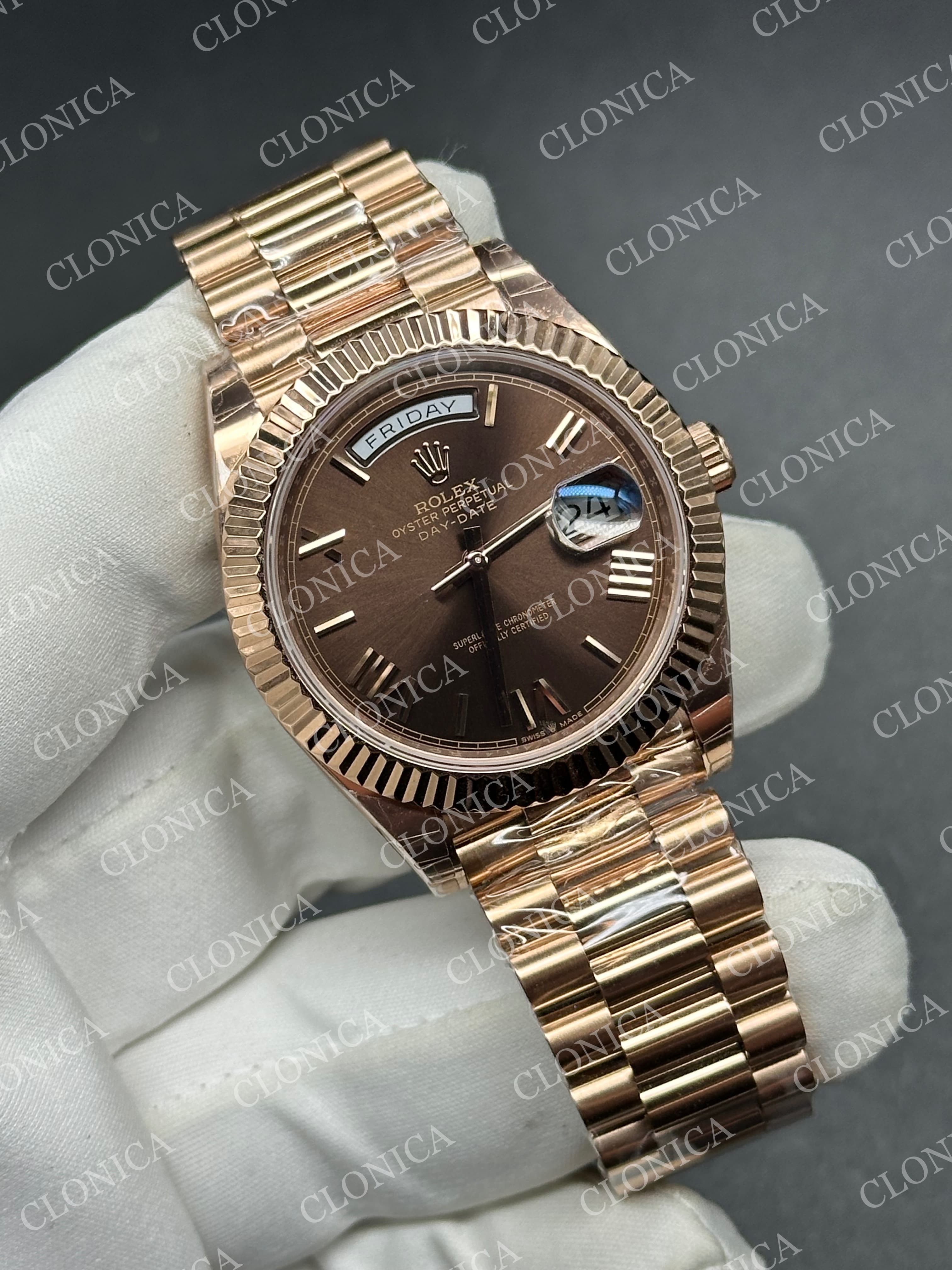 DAY DATE 128235 GAIN WEIGHT RG BROWN DIAL ROMAN MARKERS ON RG PRESIDENT BRACELET — view 2