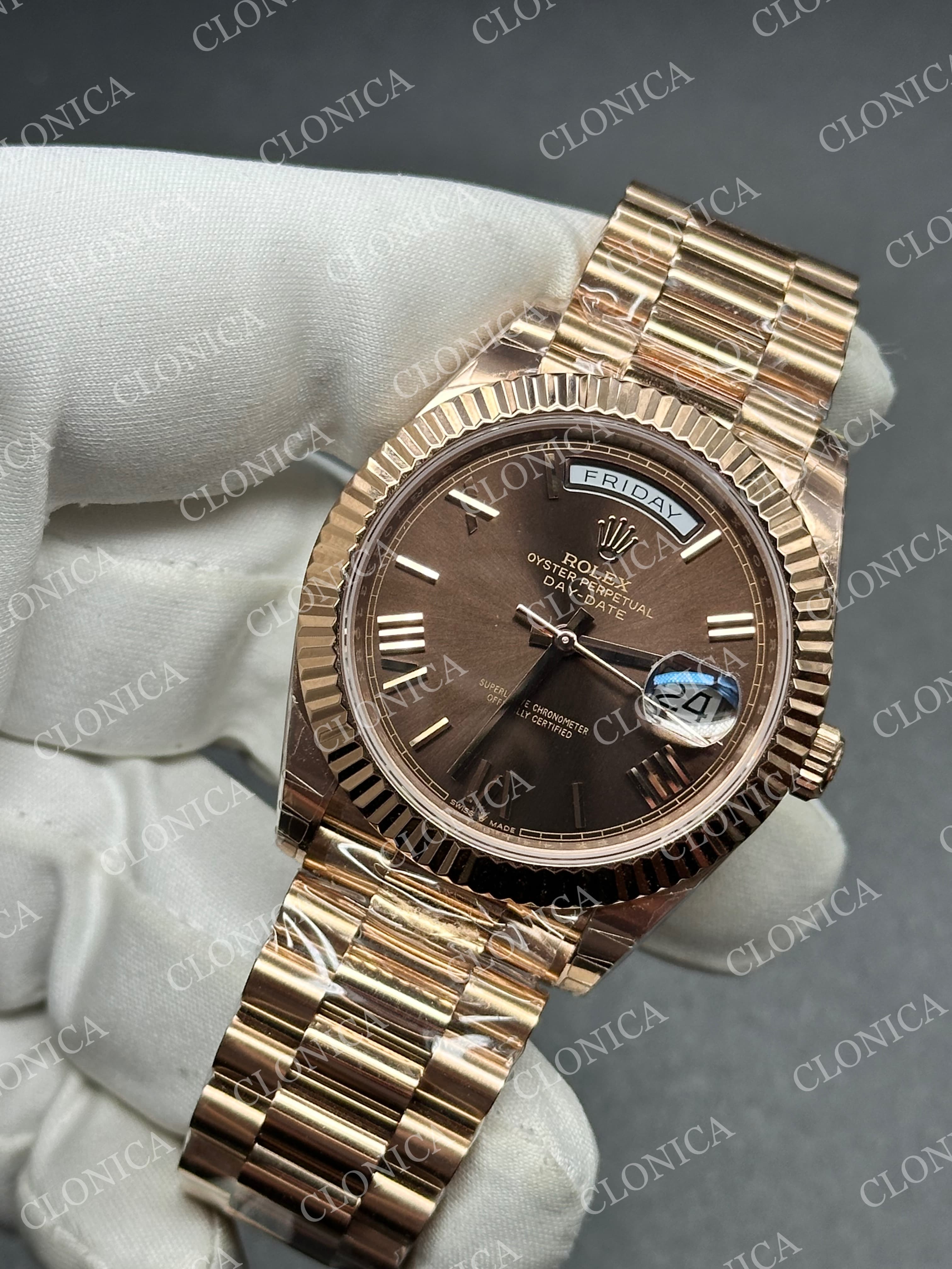 DAY DATE 128235 GAIN WEIGHT RG BROWN DIAL ROMAN MARKERS ON RG PRESIDENT BRACELET — view 3