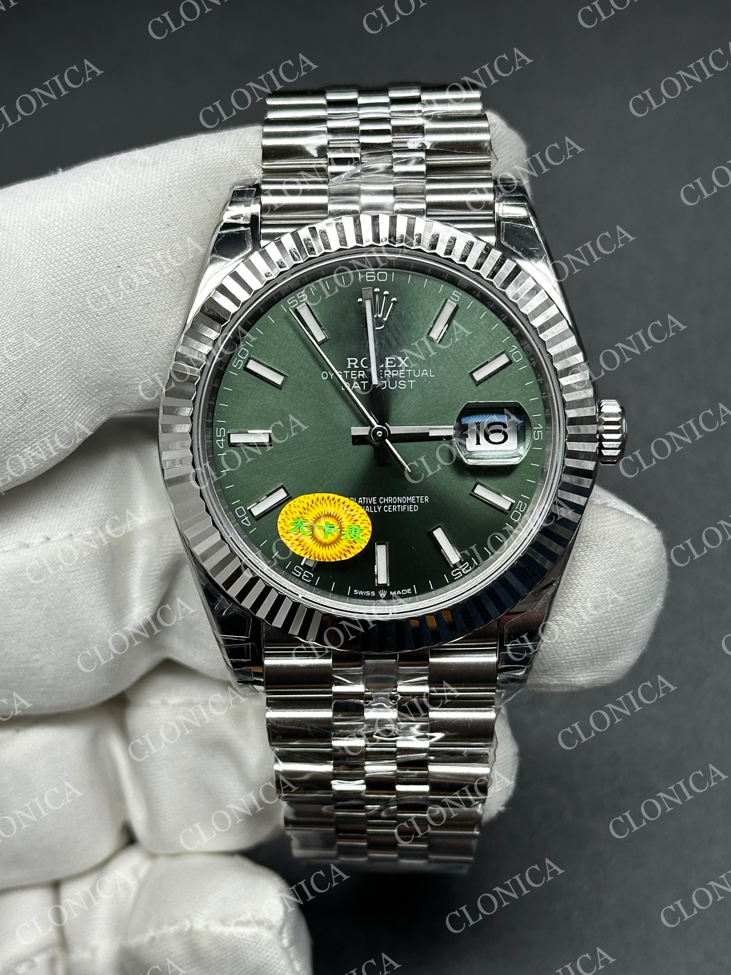 DATEJUST 41 126334 FREE SPRUNG 904L SS GREEN DIAL STICK MARKER ON JUBILEE BRACELET — view 1